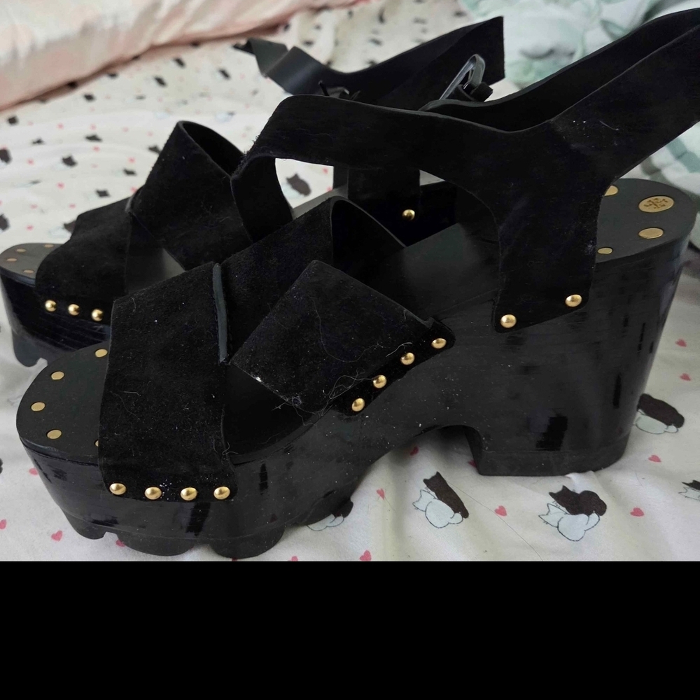 Tory Burch Black Suede Platform Sandals with Gold Studs